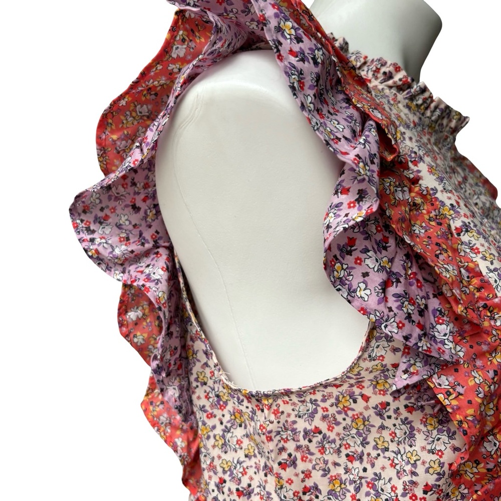 Ann Taylor Purple Orange Floral Ruffle Flutter Keyhole Button Blouse, Sz M - Picture 10 of 14